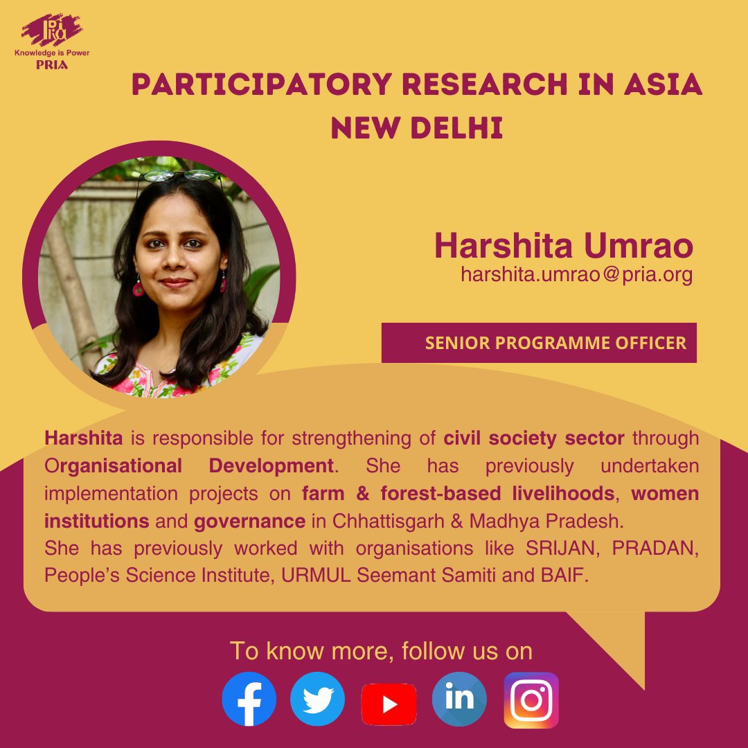 PRIA_India's tweet photo. Excited to be a part of the #IndiaCSRSummit 2023!!
@PRIA_India's senior programme officer, Ms. Harshita Umrao, will be attending the Summit, starting 11th October, at Hotel Pullman, Aerocity, New Delhi.
Looking forward to meet you all there!!
#socialimpact https://t.co/CkLG2xZvbY