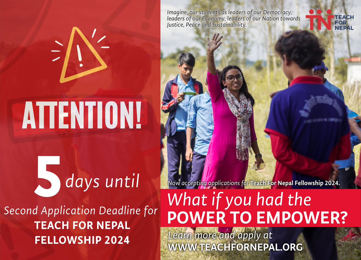 Teach4Nepal's tweet image. Only 5 days remain for the second application deadline to apply for the Teach For Nepal Fellowship 2024: October 14, 2023

Learn more and apply at: TEACHFORNEPAL.ORG

#powertoEmpower #TeachForNepal #ApplicationOpen