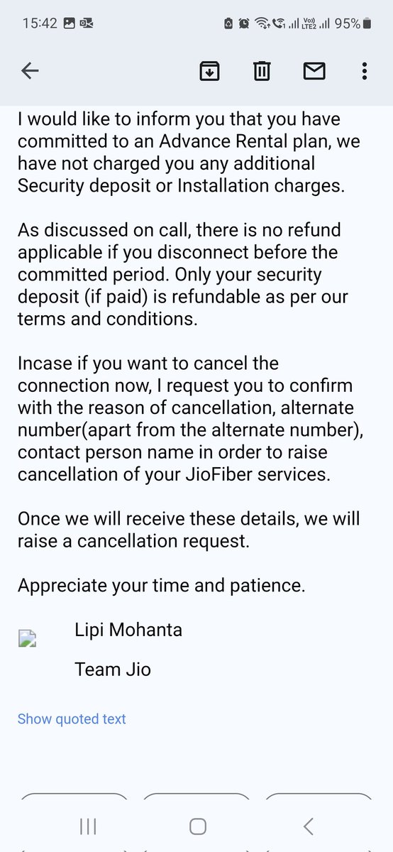 mathibalaji's tweet photo. @reliancejio @JioCare @JioFiberChennai 

I am finding it, nowadays "company" is the king rather than "customer". Same it goes for Jio, not refunding my advance payment on fiber when I said surrendering connection. Mail attached. PATHETHIC - My connections be aware. https://t.co/xUYBaRqRtm