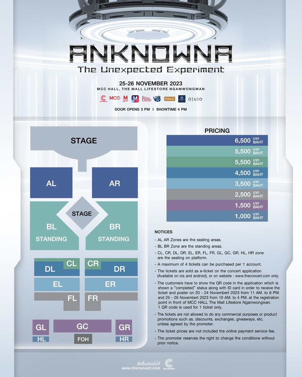 argentis_th's tweet photo. ANKNOWNA
The Unexpected Experiment

25-26 NOVEMBER 2023
MCC HALL, THE MALL LIFESTORE NGAMWONGWAN

DAY01: 25 NOVEMBER
Tickets Available on 4 November 2023 / 10.59 AM.

DAY02: 26 NOVEMBER
Tickets Available on 4 November 2023 / 3.39 PM.

Ticket Price: 6,500 / 5,500 / 4,500 / 3,500 / 2,500 / 1,500 / 1,000 THB
Live Streaming: 1,200 THB

#ANKNOWNA