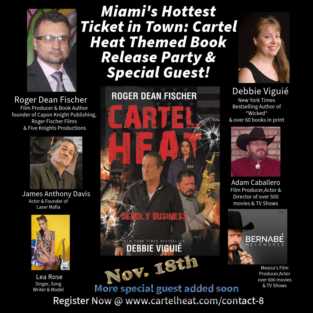 Get Ready to Party at the Cartel Heat Book Release Bash in Miami – Sign Up for Updates! 🎉🥂 
🌐cartelheat.com/contact-8
#cartelheat #miami #rogerdeanfischer #debbieViguie #newyorktimesbestseller #NYTbestsellingauthor #newyork #cartelheatbooktour #cartelheatfan #miamievents