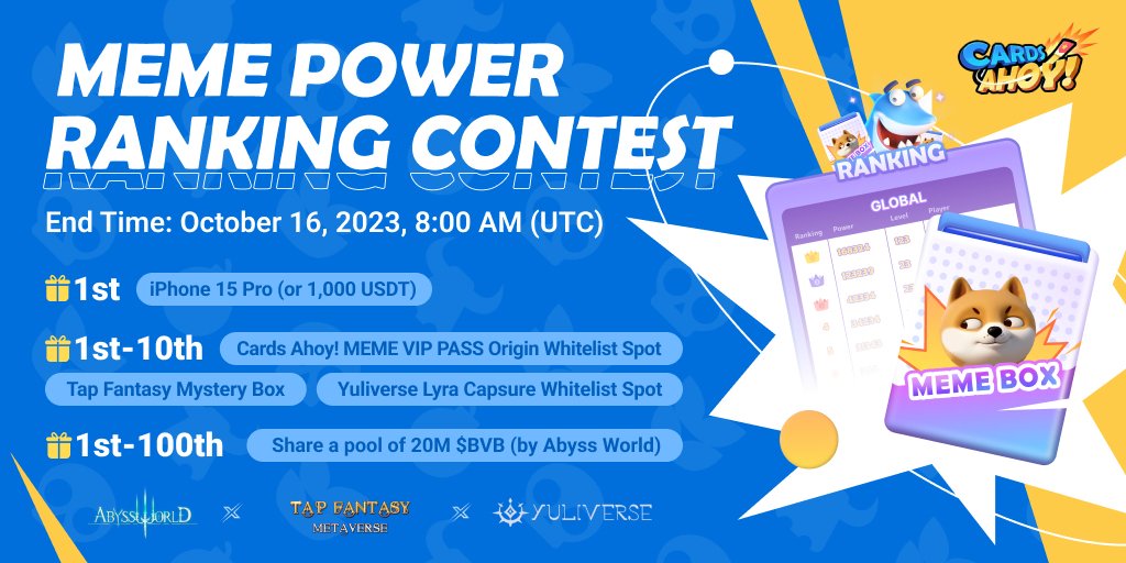 Ahoy! 💥

Who will play Cards Ahoy! on #iPhone15Pro ?

Good news again, 1 iPhone15Pro  was added to the MEME POWER RANKING prize pool, as the reward for Top 1💥

Ok let me review the MEME POWER RANKING prize:
1⃣️ iPhone15 Pro
1⃣-🔟 MEME VIP PASS Origin Whitelist Spot + Tap