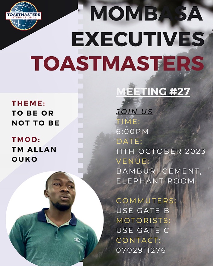 Happening tomorrow at 6:00pm for yet another riveting session 🥳 
“To be or not to be” is our meeting theme. 

#toastmasters #toastmastersmet #leadership #speaking #publicspeaking #confidence