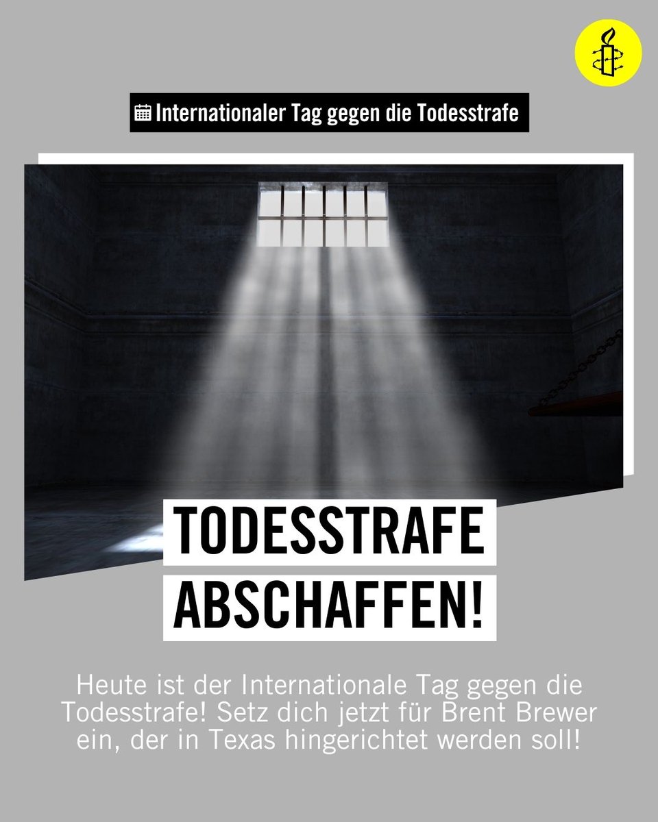 Heute ist der Internationale Tag gegen die #Todesstrafe. Noch immer halten 55 Staaten weltweit an der Todesstrafe fest, darunter die #USA.

Brent Brewer droht in #Texas die Hinrichtung. Setz dich mit uns für ihn ein! ✊ 

Mach mit bei unserer Eilaktion 📝amsty.de/ytjr4
