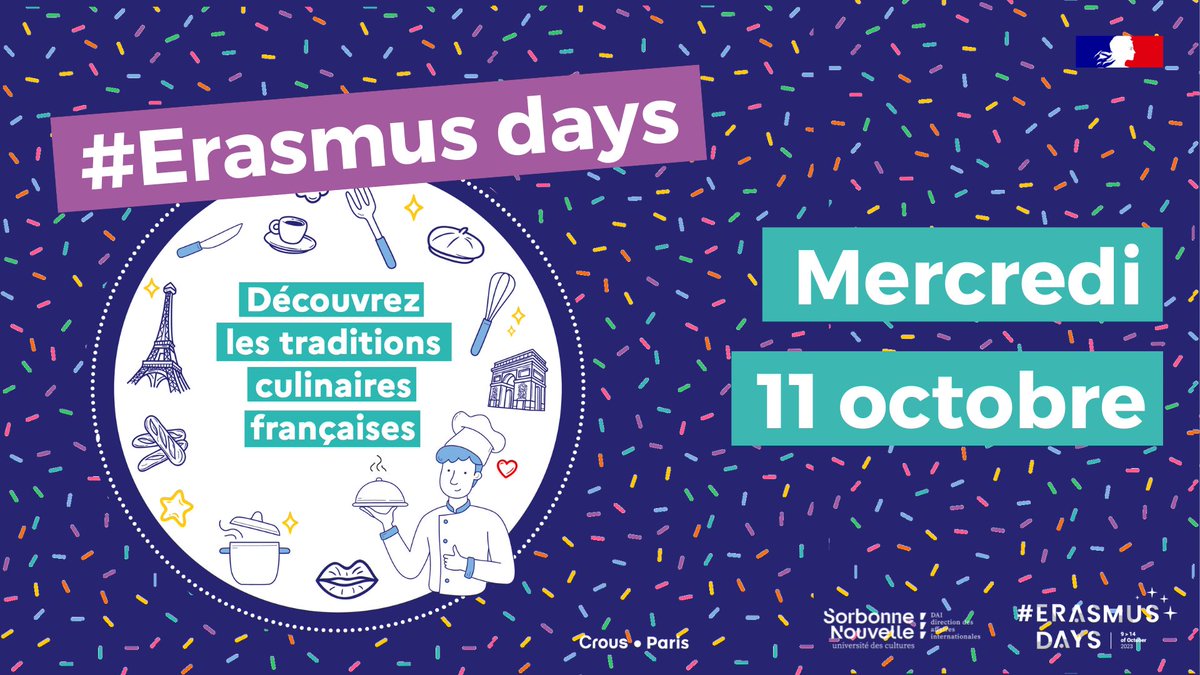 CrousParis's tweet image. #ErasmusDays 🍴 @Sorbonne_Nvelle en partenariat avec le Crous de Paris célèbre l’Erasmus Days le mercredi 11 octobre au #RUNation !

🍲 Des plats et menu qui reflètent la variété culinaire de l’hexagone vous seront proposés

👉Rendez-vous dans les pôles végétarien et tradition !