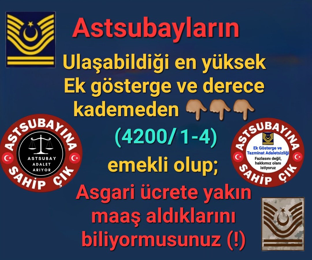 <a href="/tcsavunma/">T.C. Millî Savunma Bakanlığı</a> <a href="/RTErdogan/">Recep Tayyip Erdoğan</a>
<a href="/tcbestepe/">T.C. Cumhurbaşkanlığı</a>
<a href="/dbdevletbahceli/">Devlet Bahçeli</a> 
<a href="/abdulhamitgul/">Abdulhamit Gül</a> 
<a href="/erkanakcay45/">Erkan Akçay</a>
<a href="/AKPartiTBMMGrup/">TBMM AK Parti Grup Başkanlığı</a>
<a href="/MhpTbmmGrubu/">MHP TBMM Grubu #MHP</a>
<a href="/ozgurtor91/">Özgür Tör</a>
<a href="/profbagci/">Prof. Dr. Hüseyin Bağcı</a>
<a href="/CHPMuratBakan/">Murat BAKAN</a> 
<a href="/temadankara/">TEMAD Genel Başkanlığı</a>
@FOXhaber
<a href="/tgrthabertv/">TGRT HABER</a>
<a href="/tv100/">TV100</a>
<a href="/HaberturkTV/">Habertürk TV</a>

#AstsubaylarHakkınıİstiyor

Kimseden imtiyaz yada kıyak istemiyor #Adalet istiyoruz