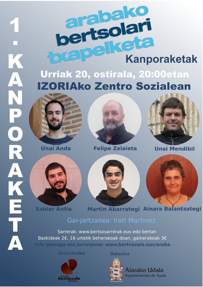 ArabaBertsozale's tweet photo. Badatoz 2024ko Arabako Bertsolari Txapelketakorako kanporaketak @euskaragenda #bertsozale #bertsolaritza #Abtx24 https://t.co/77awZAS7Hv