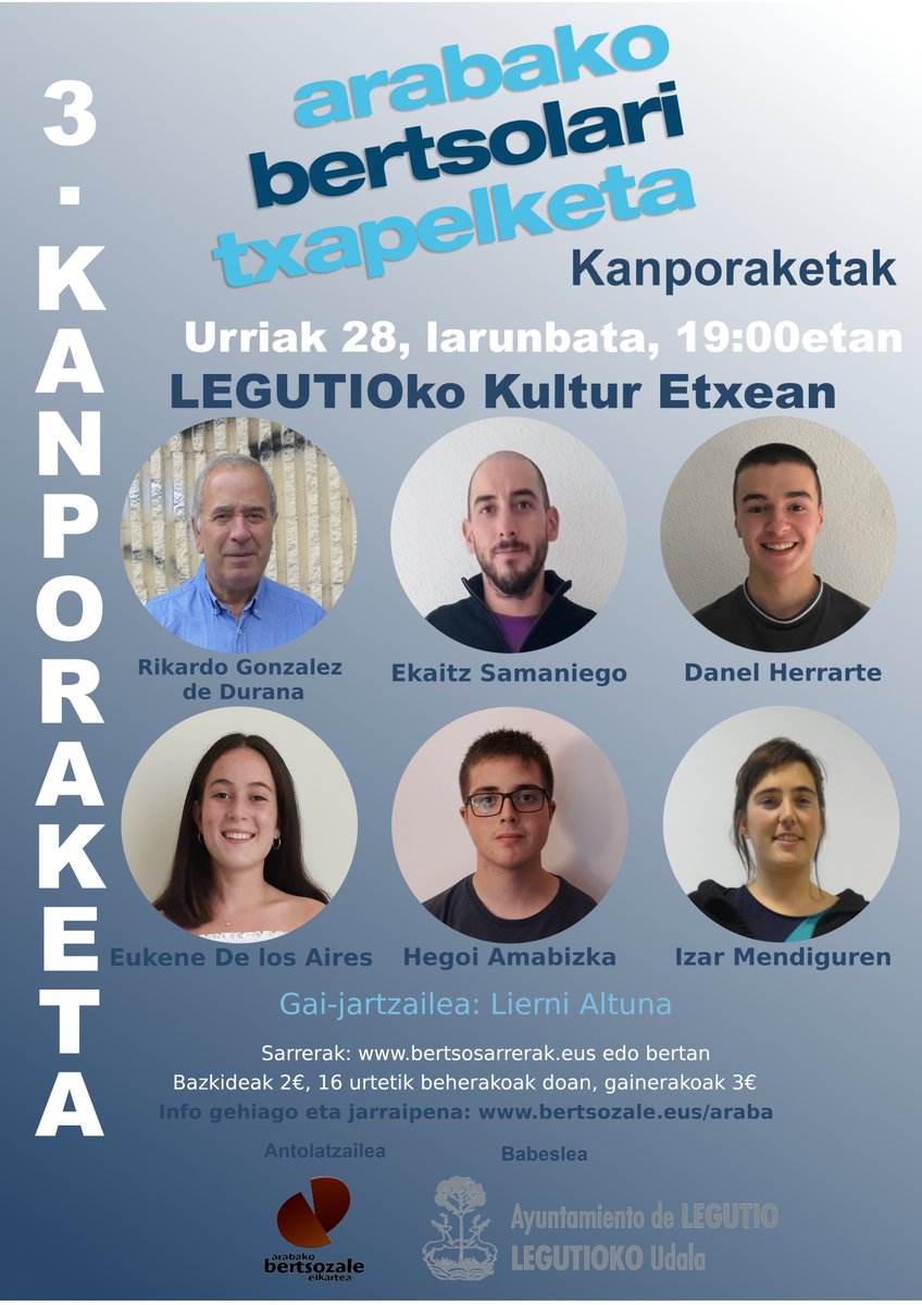 ArabaBertsozale's tweet photo. Badatoz 2024ko Arabako Bertsolari Txapelketakorako kanporaketak @euskaragenda #bertsozale #bertsolaritza #Abtx24 https://t.co/77awZAS7Hv