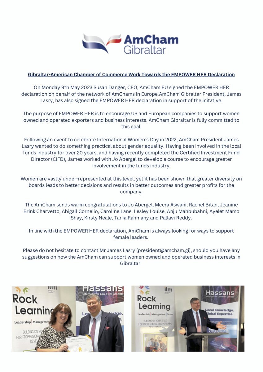 AmChamGibraltar's tweet photo. @JamesGLasry signs the "Empower Her" declaration in May 2023. An initiative lead by @AmChamEU_SDA CEO @AmChamEU and AmChams in Europe and GM/US &amp; FOC's to bolster direct engagement by businesses to define and promote women's economic empowerment.
#leadership https://t.co/uXxBS5atbe