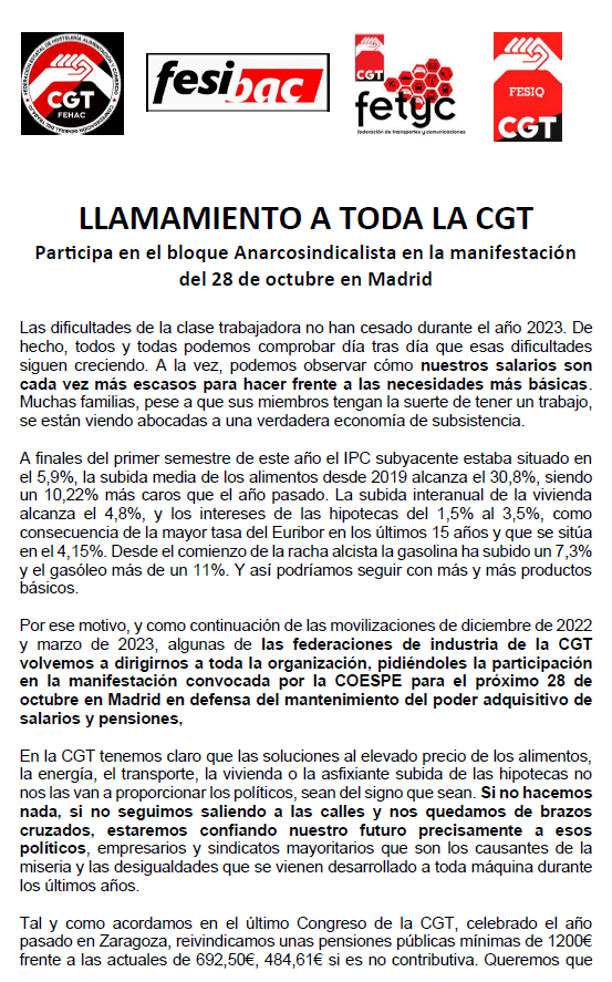 CGTFEHAC's tweet photo. 📢MANIFESTACIÓN

🗓️28 OCTUBRE
🕛11:00
📍ATOCHA - SOL (MADRID)

Las únicas soluciones reales serán siempre las que consiga la clase trabajadora en las calles.

Contra la subida asfixiante de precios y la pérdida de poder adquisitivo. https://t.co/hL9mVddXqk