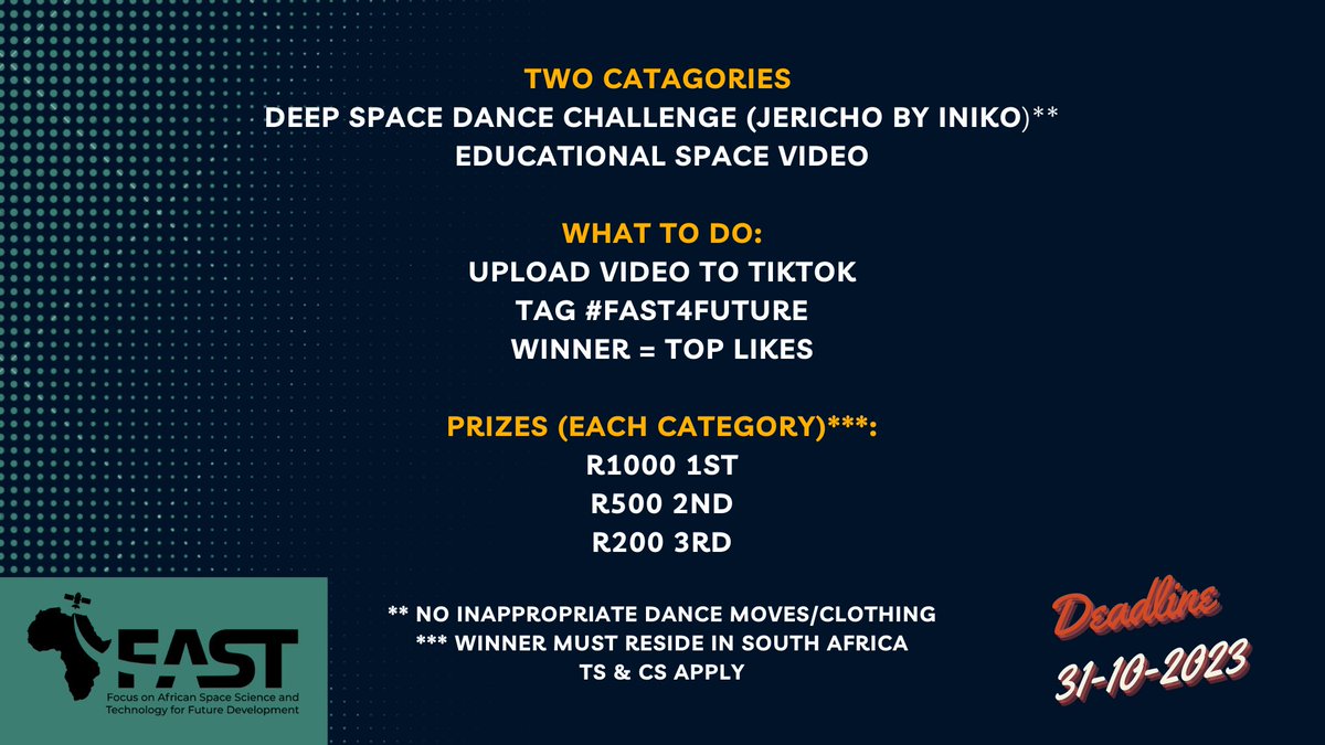 Come join our TikTok Space Challenge
Create an educational video or dance video with a space theme!
#fast4future <a href="/WitsGeoscience/">Wits Geosciences</a> <a href="/Fast4future2023/">FAST4Future</a>