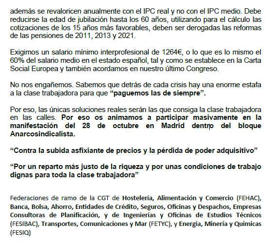 CGTFEHAC's tweet photo. 📢MANIFESTACIÓN

🗓️28 OCTUBRE
🕛11:00
📍ATOCHA - SOL (MADRID)

Las únicas soluciones reales serán siempre las que consiga la clase trabajadora en las calles.

Contra la subida asfixiante de precios y la pérdida de poder adquisitivo. https://t.co/hL9mVddXqk