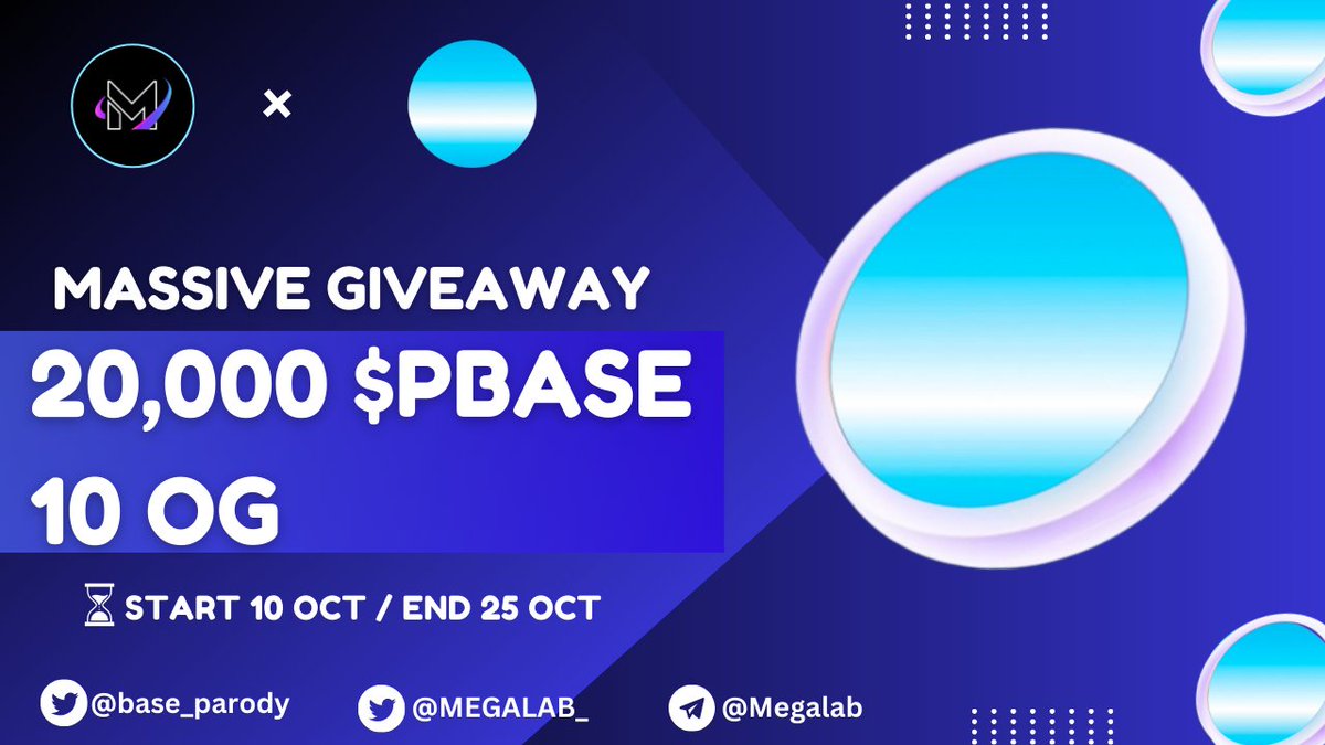 MegaLab_'s tweet photo. 🥳 Base parody x Mega lab Big #Airdrop
🏆 Prize Pool » $20,000 Worth $PBASE Token For Airdrop
To Enter:-
✅ Follow @base_parody
✅ RT & Tag 3 Friends
✅ Complete From ⤵️
https://t.co/xemCrWoKba..
#Web3Crypto #CryptoNews
#Baseparody #PBASE #megalab #Airdrop #Giveaway #FCFS #Crypto