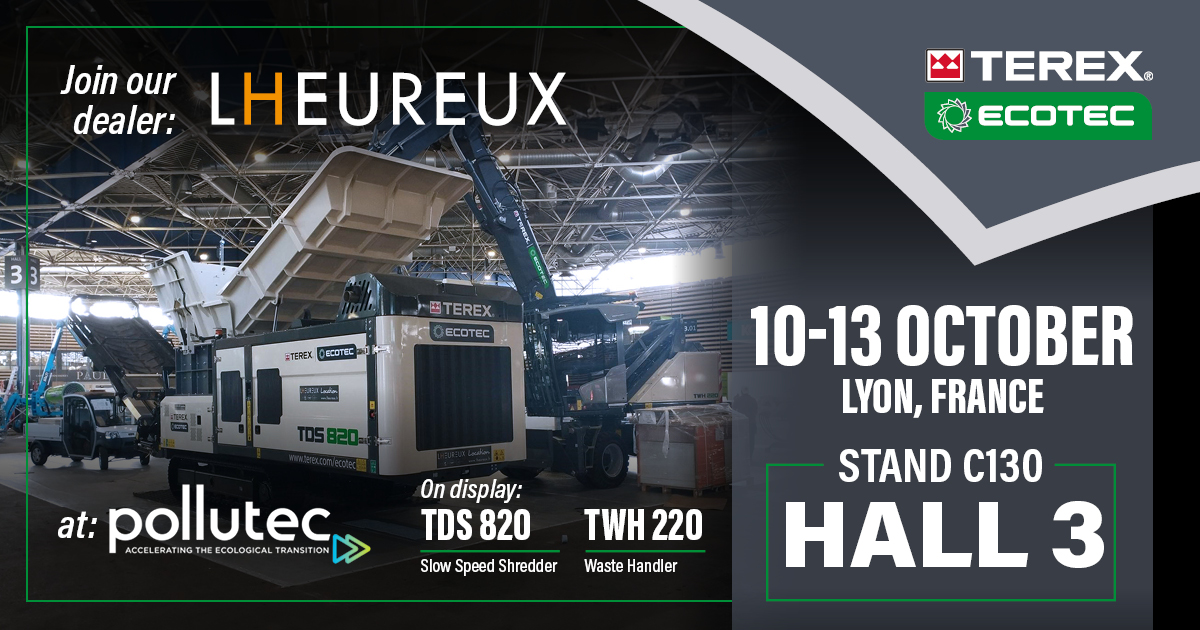 Pollutec’s doors have opened and our dealer Lheureux
is ready and waiting to greet you. Call by Hall 3, Stand C130 to see the TDS 820 and TWH 220 on display and learn more about our comprehensive product range.

#Ecotec #MakingWasteWork #Recycling #WasteManagement #Pollutec