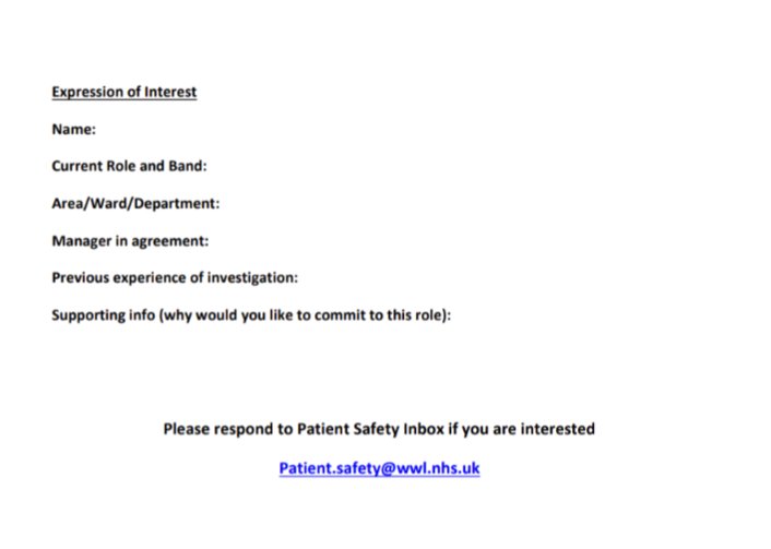 Calling our enthusiastic, motivated Band 7's &amp; above who have a keen interest in patient safety and improving our response to incidents to join our Investigation training and become part of the PSIRF future. Complete your EOI and send it back to the Patient Safety Team! <a href="/WWLNHS/">WWL NHS</a>