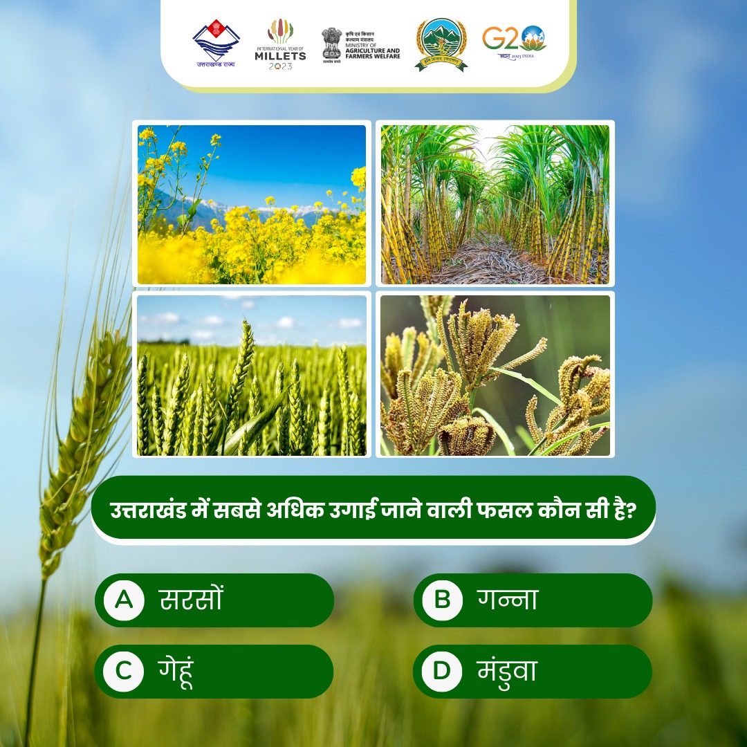 कृषि क्विज में हिस्सा लें और अपने ज्ञान का परीक्षण करें!

उत्तराखंड में सबसे अधिक उगाई जाने वाली फसल कौनसी है?
 कृपया कमेंट में अपना उत्तर हमें साझा करें। 
. 
. 
. 
. 
#AgricultureQuiz #Quiz