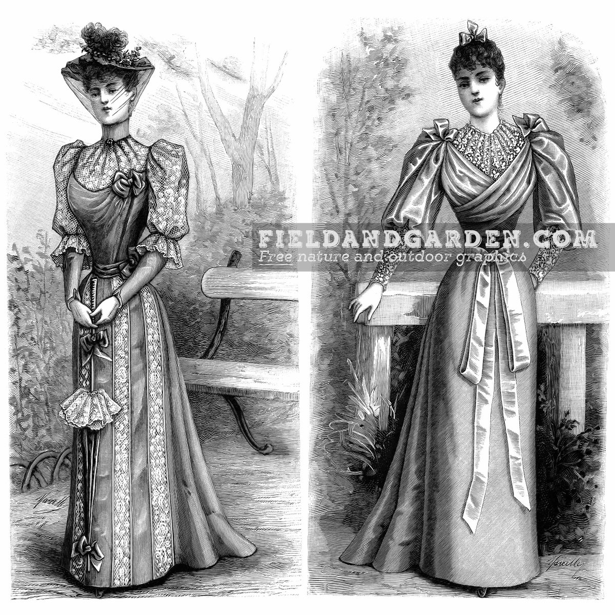 Vintage graphics of two Victorian ladies in outdoor settings. Free high-res JPEG for #collageart, #graphicdesign, #papercrafts or #scrapbooking at bit.ly/45lPlUZ.
|| #fieldandgarden #freeclipart #vintageclipart