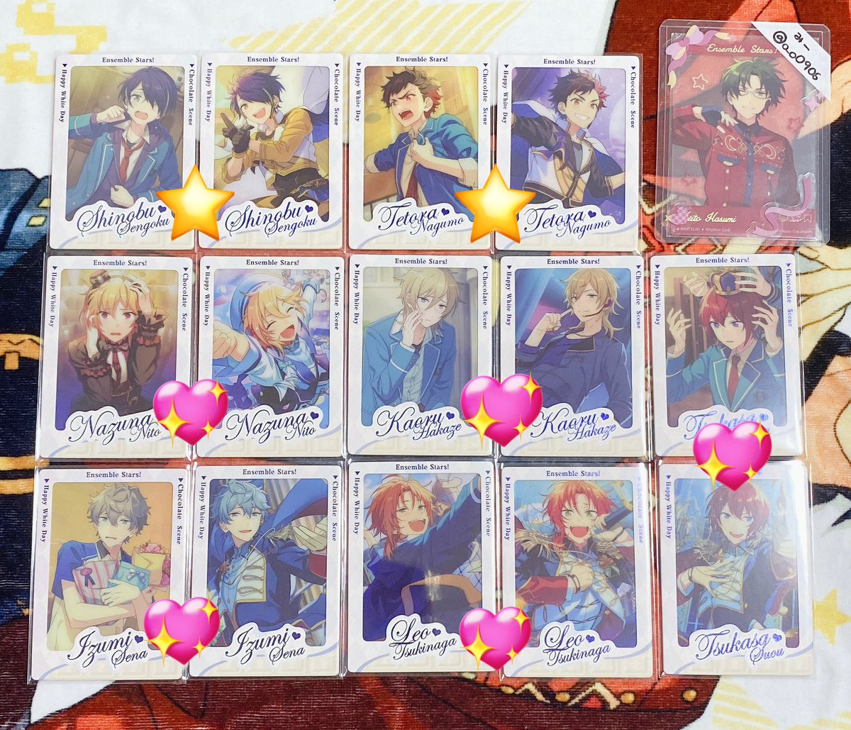 〖 交換 譲渡 〗
あんスタ 中国 バレンタイン ホワイトデー カード

⧉ 譲
翠 奏汰 アドニス なずな 友也 司 北斗 真緒 真 薫 レオ 忍 鉄虎 泉

⧉ 求
アニマルポスカ 敬人
⭐️100円 他150円

⧉ 💖は開花前後同数でのお取引希望(譲渡は＋で⭐️同数お迎えください)
⧉ ⭐️は1:2〜3可能です◎