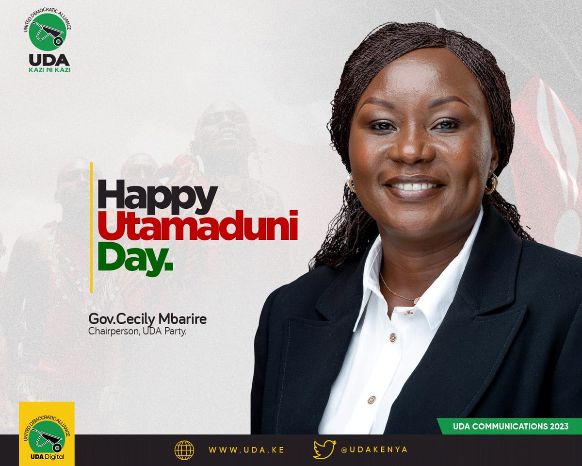 UDAKenya's tweet image. Utamaduni day reminds us that our similarities outweigh our differences. 

Our cultures and heritages are powerful tools that unite Kenyans.

As we celebrate Utamaduni day, let us embrace unity and peace in our country. 

Governor Cecily Mbarire,
Chairperson,UDA.

#UtamaduniDay