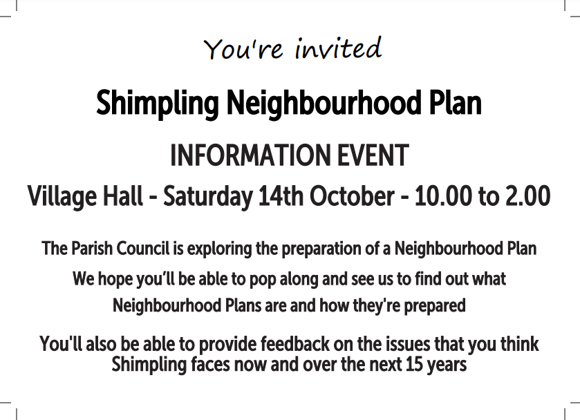 ShimplingPC's tweet photo. Please see below for an important event for Shimpling.
Don't forget! This Saturday 14th at the Village Hall!
Come along, see what its all about and have your say.
There will be tea and coffee too! https://t.co/2bOyIZ8O3Y