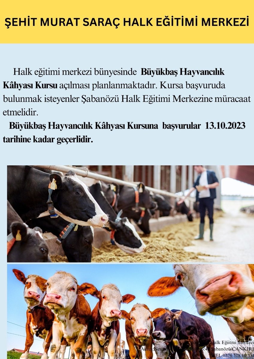 Şabanözü Şehit Murat Saraç Halk Eğitimi Merkezi (@sabanozuhem) on Twitter photo Halk Eğitimi Merkezimizde vatandaşlarımızın yoğun taleplerine istinaden “Büyükbaş Hayvancılık Kahyası Kursu ”açılmıştır.
Kursumuzla ilgilenenler 13.10.2023 tarihine kadar başvuru yapabilir.
<a href="/mebhbogm/">MEB Hayat Boyu Öğrenme Genel Müdürlüğü</a> <a href="/Muammer12877572/">Muammer ÖZTÜRK</a> <a href="/muallimismail/">İsmail YILDIZ</a> Halk Eğitimi Merkezimizde vatandaşlarımızın yoğun taleplerine istinaden “Büyükbaş Hayvancılık Kahyası Kursu ”açılmıştır.
Kursumuzla ilgilenenler 13.10.2023 tarihine kadar başvuru yapabilir.
<a href="/mebhbogm/">MEB Hayat Boyu Öğrenme Genel Müdürlüğü</a> <a href="/Muammer12877572/">Muammer ÖZTÜRK</a> <a href="/muallimismail/">İsmail YILDIZ</a>