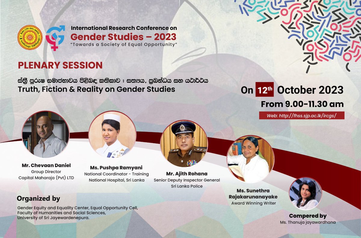 ThanujaJay's tweet photo. International  Research Conference on GENDER STUDIES 

ශ්‍රී ජයවර්ධනපුර විශ්වවිද්‍යාලයේ
මානව ශාස්ත්‍ර සහ සමාජ විද්‍යා අධ්‍යනාංශය මගින් සංවිධානය කරන

ස්ත්‍රී පුරුෂ සමාජභාවය පිලිබද කථිකාව

සත්‍ය ප්‍රබන්ධය සහ යථාර්ථය 
TRUTH FICTION AND REALITY 
ඔක් 12 දා.... https://t.co/SDQovCEro2