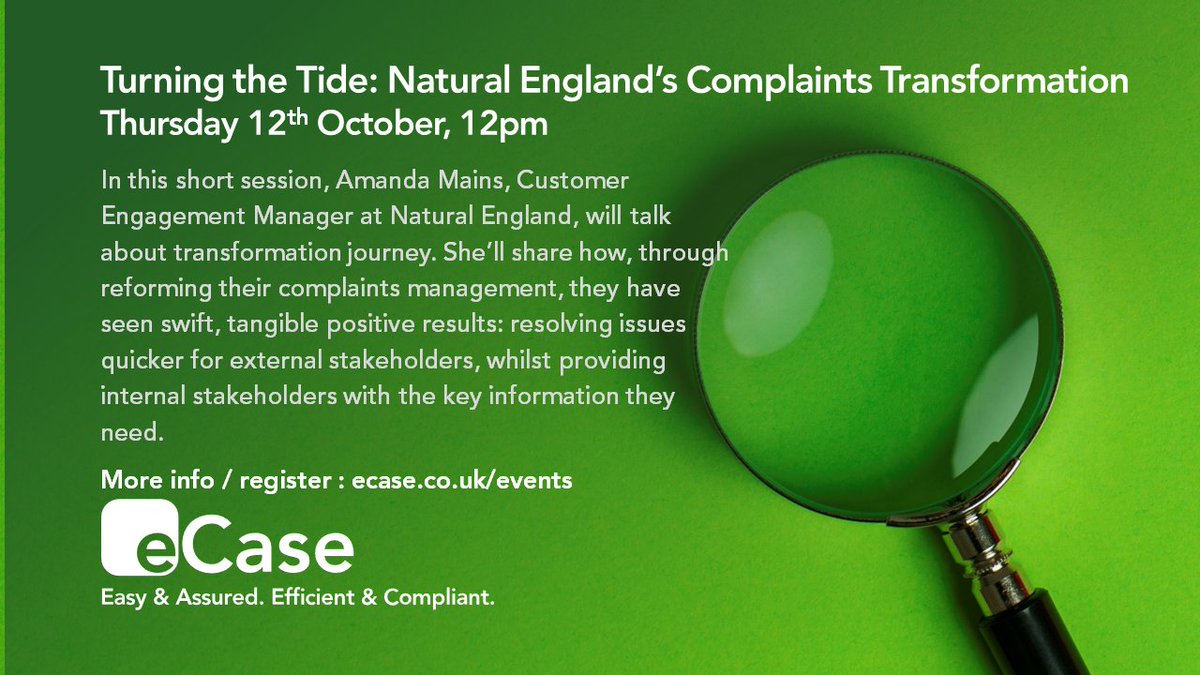 2 days to go!  Join us this Thurs & find out how through reforming their #complaints management, Natural England have been able give internal & external stakeholders the info they need. #CustomerService #UKPublicSector Register ecase.co.uk/event/turning-…