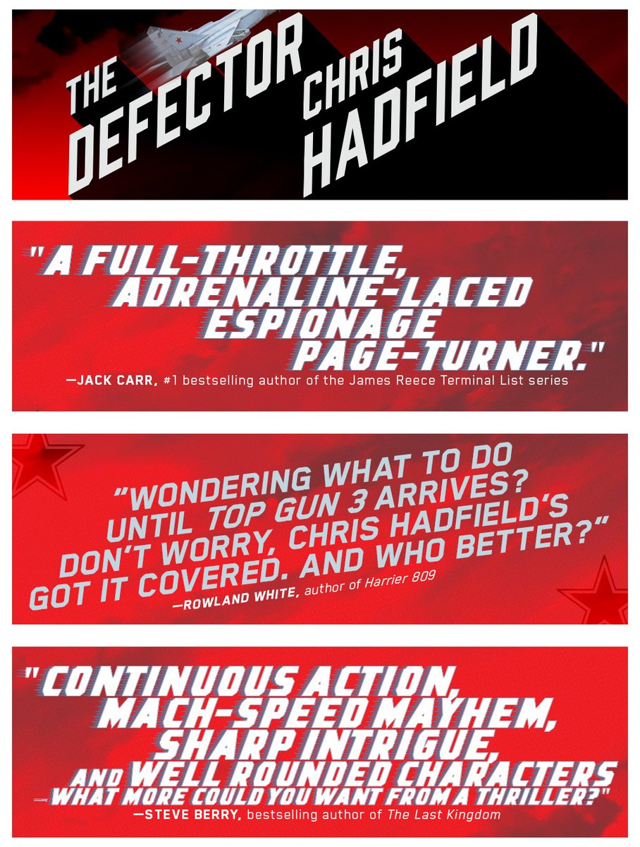 Chris Hadfield (@cmdr_hadfield) on Twitter photo The Defector is out today!
“Hadfield’s writing is superb ... a gripping and intensely realistic fictional story.” <a href="/CrimeReads/">CrimeReads</a>
(order here: tinyurl.com/k3h5t8je) The Defector is out today!
“Hadfield’s writing is superb ... a gripping and intensely realistic fictional story.” <a href="/CrimeReads/">CrimeReads</a>
(order here: tinyurl.com/k3h5t8je)