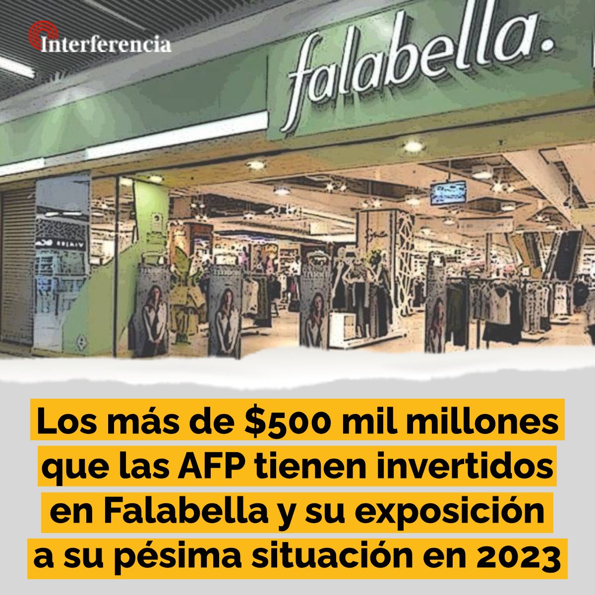 InterferenciaCL's tweet photo. Falabella lleva cuatro trimestres a pérdida, endeudamiento al alza, las clasificadoras de riesgo le asignaron perspectivas negativas en julio y septiembre de 2023, su gerente general renunció y la compañía se ve obligada a liquidar activos. https://t.co/zHYtL48XtX https://t.co/QesFvajmm6
