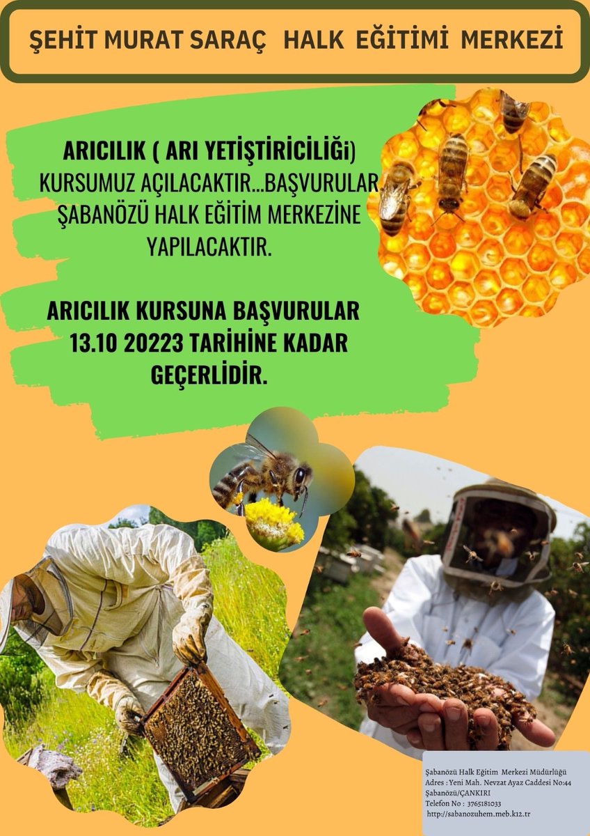Şabanözü Şehit Murat Saraç Halk Eğitimi Merkezi (@sabanozuhem) on Twitter photo ARICILIK KURSU AÇILDI🐝
Müdürlüğümüzce Arıcılık ve Arı Yetiştiriciliği Kursu açılmıştır.
Kursa başvurular 13.10.2023 tarihine kadar geçerlidir.
<a href="/mebhbogm/">MEB Hayat Boyu Öğrenme Genel Müdürlüğü</a>
<a href="/Muammer12877572/">Muammer ÖZTÜRK</a>
<a href="/muallimismail/">İsmail YILDIZ</a>
⏰ HER ZAMAN
🌎 HER YERDE
🙋🏼♀️HERKES İÇİN EĞİTİM ARICILIK KURSU AÇILDI🐝
Müdürlüğümüzce Arıcılık ve Arı Yetiştiriciliği Kursu açılmıştır.
Kursa başvurular 13.10.2023 tarihine kadar geçerlidir.
<a href="/mebhbogm/">MEB Hayat Boyu Öğrenme Genel Müdürlüğü</a>
<a href="/Muammer12877572/">Muammer ÖZTÜRK</a>
<a href="/muallimismail/">İsmail YILDIZ</a>
⏰ HER ZAMAN
🌎 HER YERDE
🙋🏼♀️HERKES İÇİN EĞİTİM