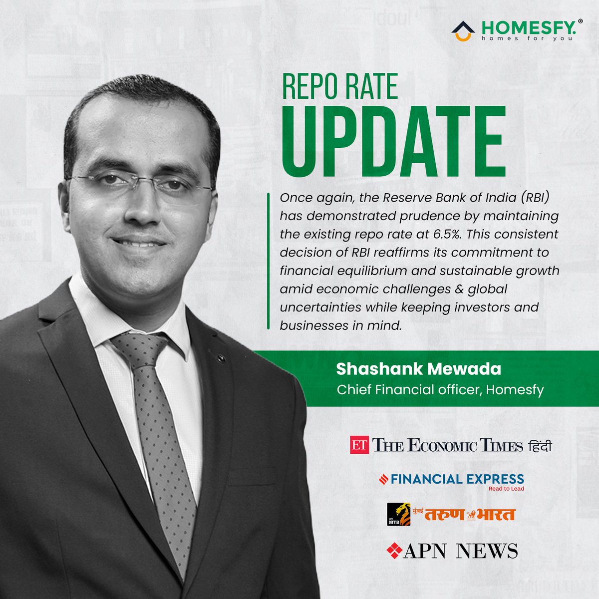The consistent repo rate at 6.5% fuels stability in the property market, complementing the festive season's buoyancy. 
Read Article
Financial Express -bit.ly/3rMcimz
ET Hindi -bit.ly/3Fabuem

#realestaterevival #festiveinvestments #rbireporate
#economicinsight