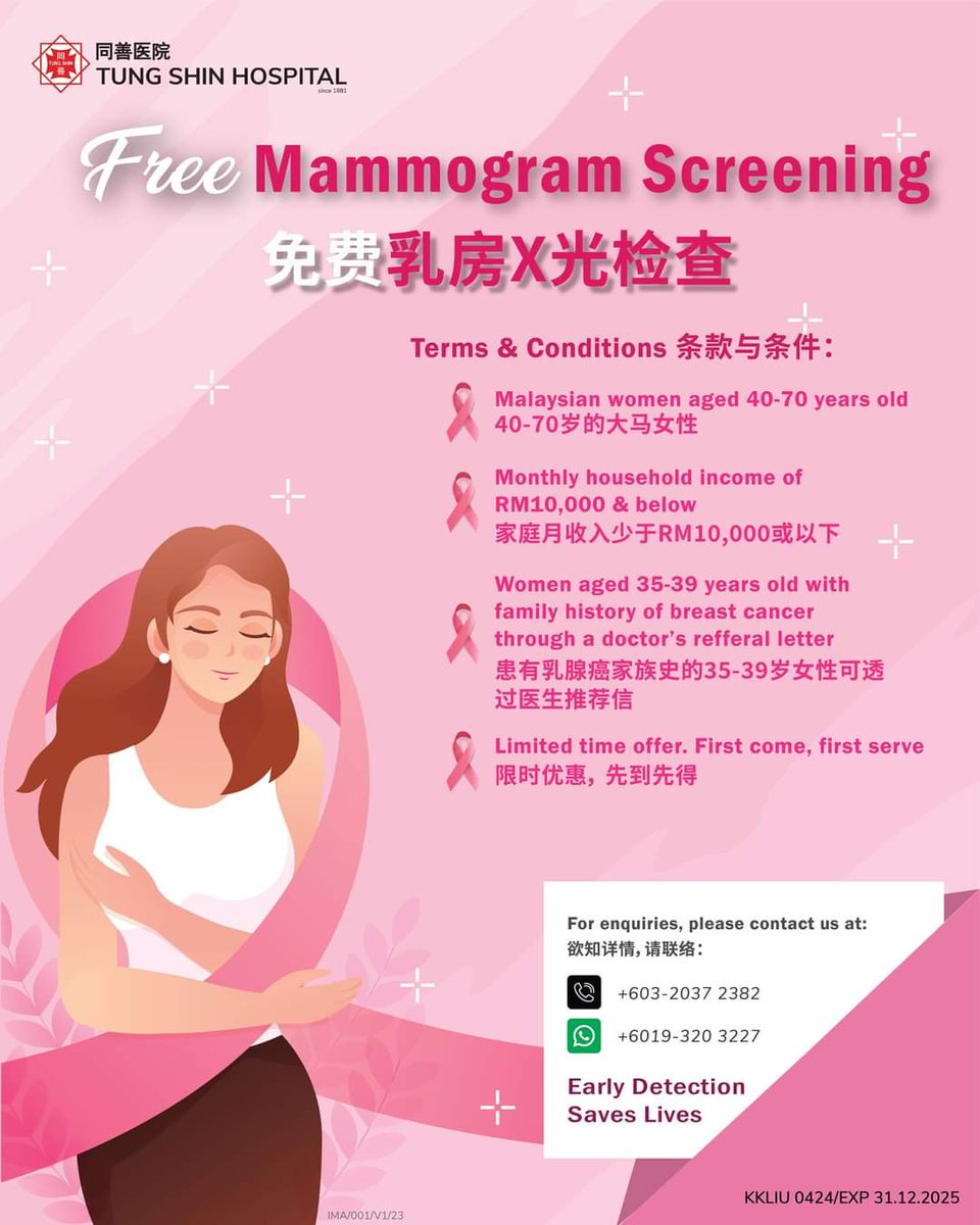 TungShinHosp's tweet photo. Attention, ladies! A mammogram screening helps in the early detection of breast cancer.

Find out if you are eligible for the #LPPKN subsidy programme and schedule your appointment today! 🔎 For more information, please WhatsApp us at: +6019-320 3227. https://t.co/CxiHpfmE1a