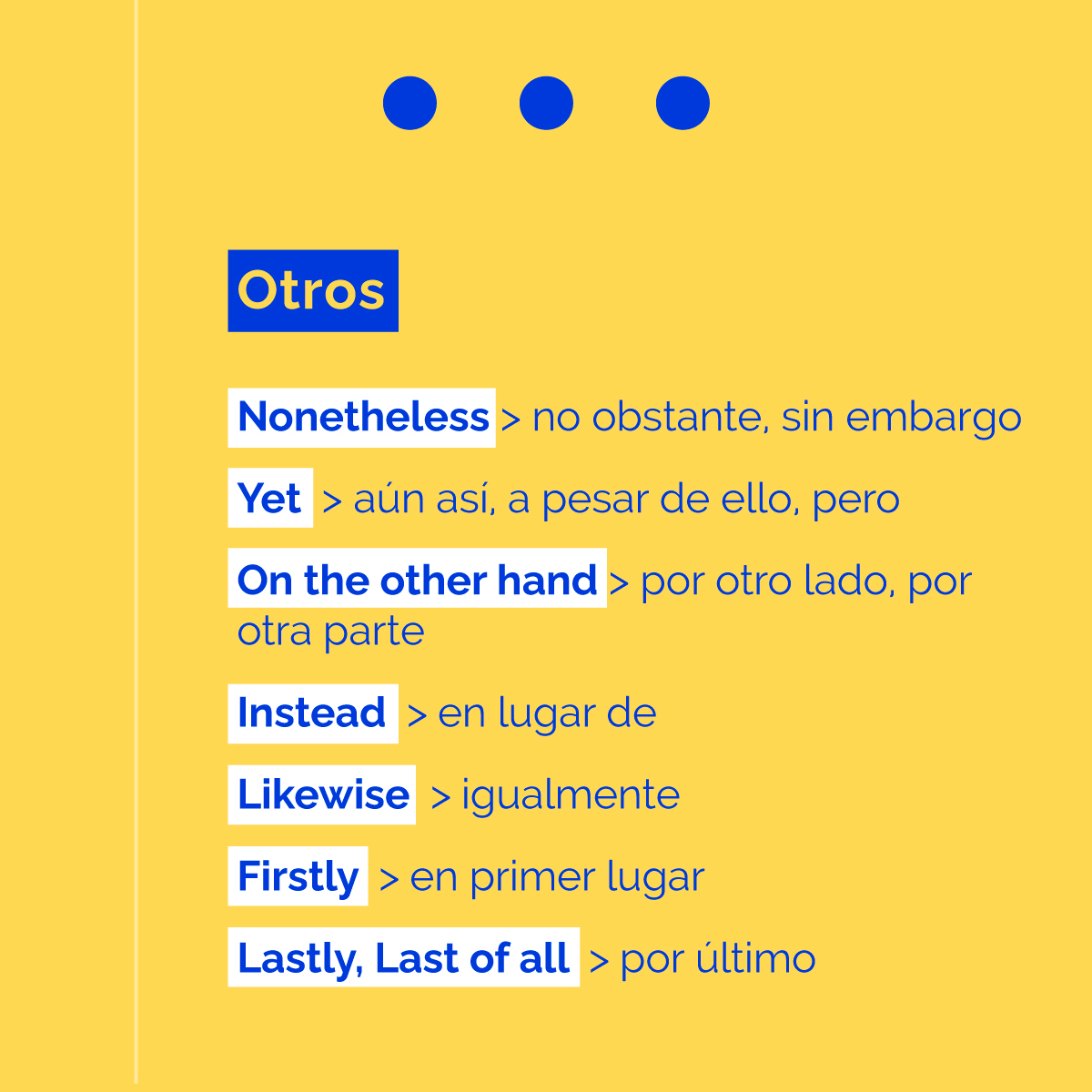 thatsenglish's tweet photo. Son palabras o conjuntos de palabras que actúan como conectores dentro de una misma oración o párrafo. Su objetivo es darle fluidez y naturalidad a la conversación. 👇Aquí tienes algunas de las más usadas. ¿Las conocías?
#ThatsEnglish #LinkingWords #Grammar https://t.co/or4AfxzgrN