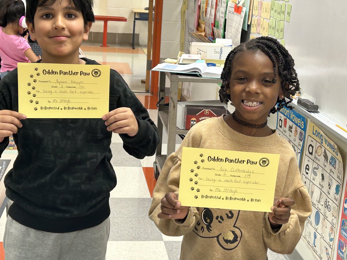 TheresaMchugh1's tweet image. These two second graders earned golden panther paws for being math fact superstars ⁦@ParksideES⁩ #ilovemath