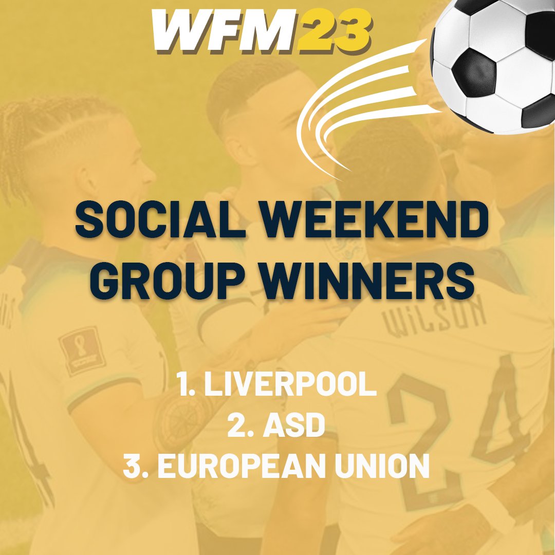 Congratulations to our Social weekend winners Gooners IF and Liverpool who win their respective leagues.

Thank you to everyone who participated last weekend and good luck to you all this week.

#worldfootballmanager
#socialweekend