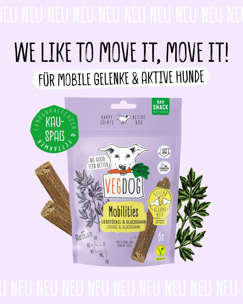 VEGDOG1's tweet photo. Passend zum Welthundetag haben wir heute ein ganz besonderes Geschenk für eure Hunde: Einen neuen Snack! 🤩 Und zwar einen, der die Gelenke eures Hundes verwöhnt! Unsere neuen MOBILITIES enthalten nämlich Glucosamin, welches die Gelenkgesundheit unterstützen kann.

#beapioneer https://t.co/CvfMsve231