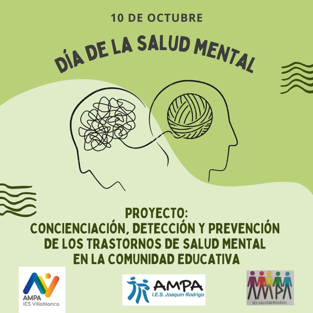 En el día Mundial de la Salud Mental, q es un derecho humano fundamental, las AMPAS d los IES del distrito nos hemos juntado en un proyecto chulísimo q incluye talleres diferenciados para todos los cursos de la ESO y de Bachillerato, para familias y para profesores. 
Os esperamos