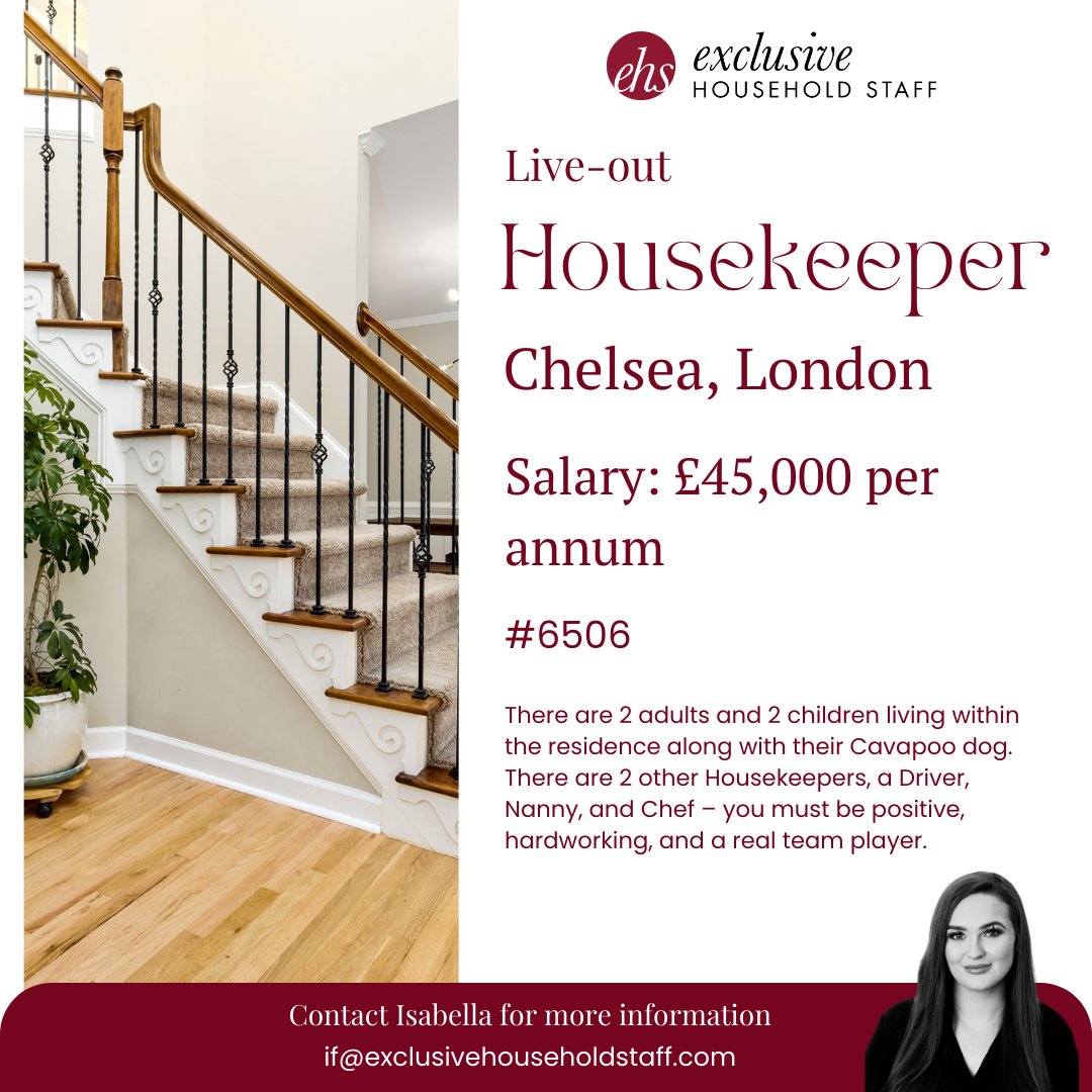 Our client in Chelsea, is seeking a Housekeeper, with particular skills in laundry/garment care, to join their team of household staff.

exclusivehouseholdstaff.com/vacancies/view…

#housekeeper #housekeeping #privatehousekeeper #liveouthousekeeper #privatestaff #chelseahousekeeper #applynow