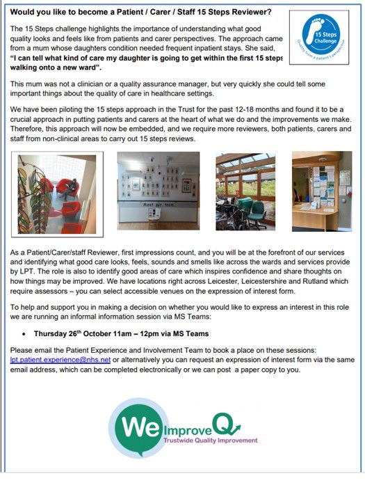 <a href="/LPTnhs/">Leicestershire Partnership NHS Trust</a> are looking for patients, carers &amp; family members to carry out 15 step reviews of our care environments, see below to find out more and contact <a href="/LPTpatientexp/">@LPTpatientexp</a> to express an interest <a href="/AKirk3524/">Alison Kirk 💙</a>