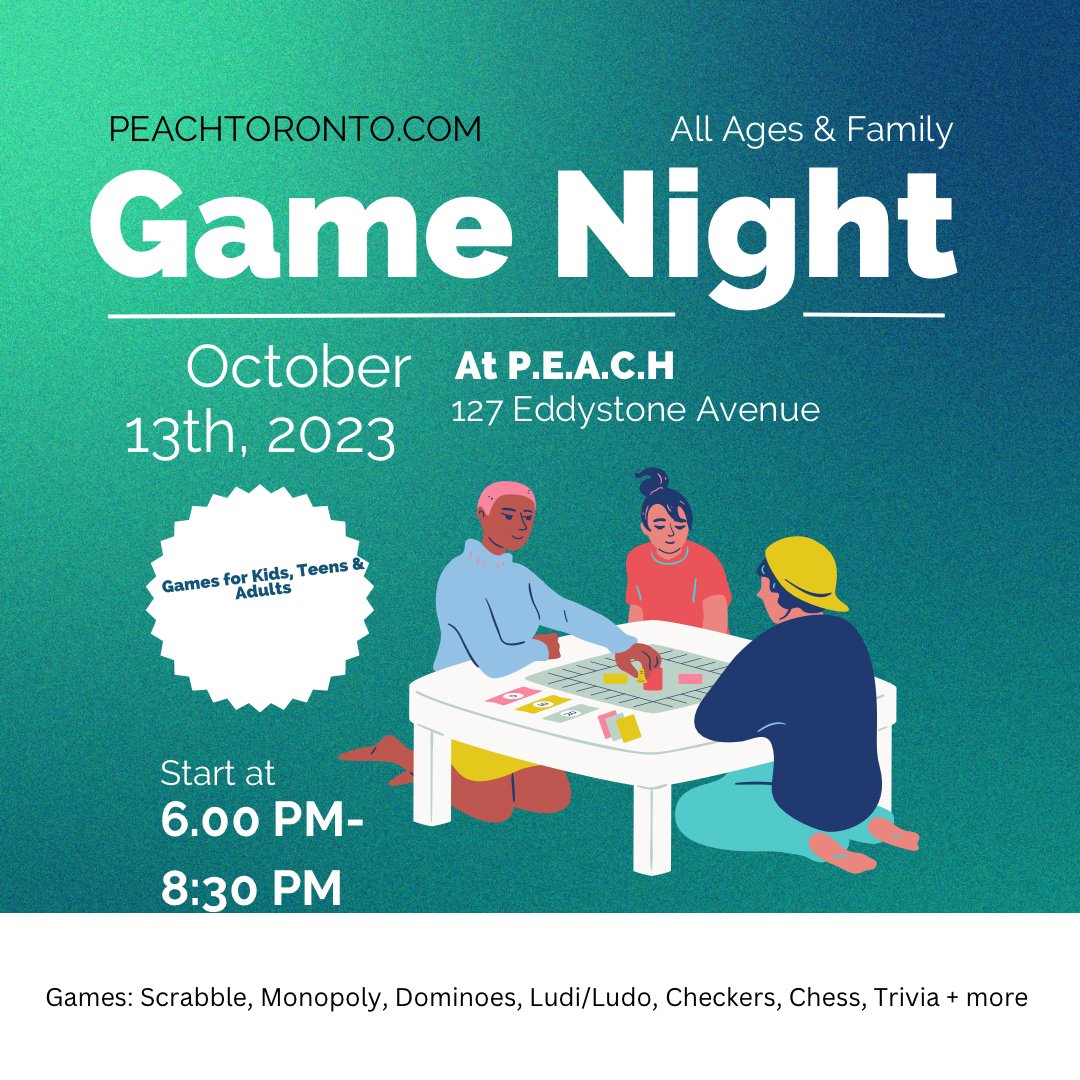 Peach is hosting a community Game Night! Join us this Friday, October 13th from 6:00 PM to 8:30 PM for free! Games and more for children to adults. 
#Community #games #janeandfinch