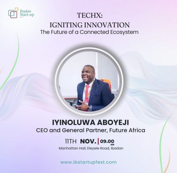 @iaboyeji will be Live at the Fest.🚀

“E” is a faith-driven investor. He is passionate about partnering mission-driven innovators and investors.

He is the CEO of @anafricanfuture an early-stage VC firm with a portfolio worth over $6billion.

Get  ready!!
#Ibadanstartupfest23