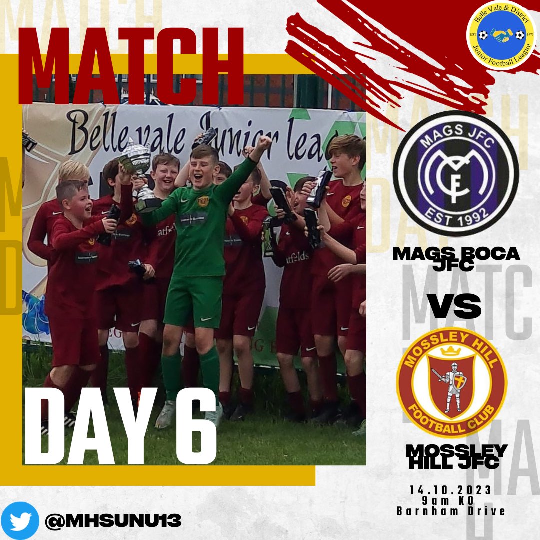 MHU13Sun's tweet photo. MATCH DAY 6 ⚽️
We play last years runners up @BocaMags in the @BVDJFLfixtures this Sunday. Should be a good game.

#mossleyhill #upthehill https://t.co/eb3vNC1REe