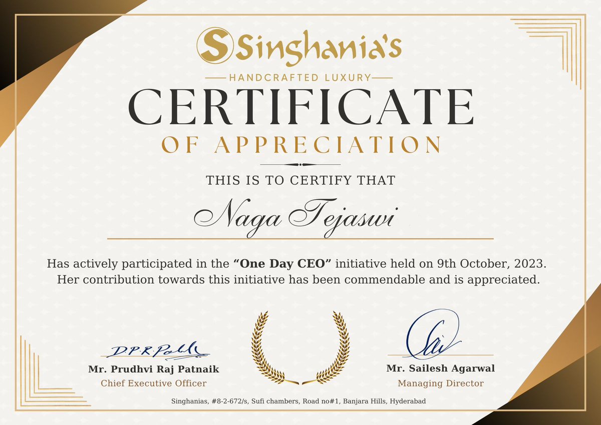 Singhanias_Hyd's tweet photo. Recognizing the success of Naga Tejaswi, in our One-Day CEO initiative! Congratulations to her on creating a lasting impression during this transforming event. https://t.co/Bhpr2ZMj0W