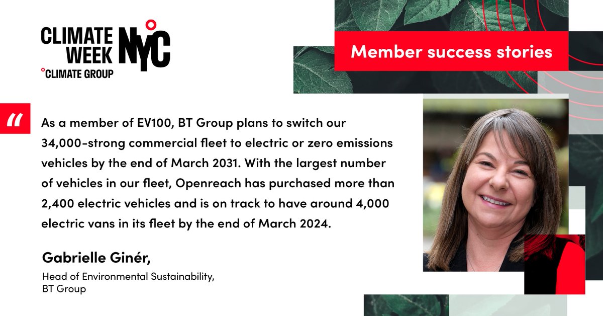 Gabrielle Ginér, Head of Environmental Sustainability for BT Group, highlights how being a member of EV100 has helped @BTGroup switch its commercial fleet to electric or net zero emissions by 2031.

Read more member success stories: climateweeknyc.org/member-success…