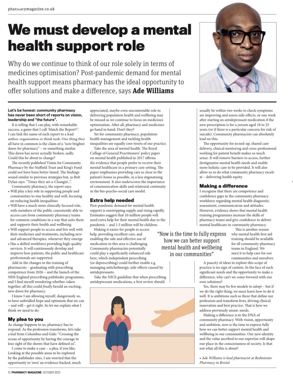 Today is #WorldMentalHealthDay With new opportunities, a set #NHS agenda to integrate and harness the clinical expertise of Community Pharmacy, playing a leading role in supporting much-needed mental health wellbeing in our communities is a must. pharmacymagazine.co.uk/opinion/we-mus…