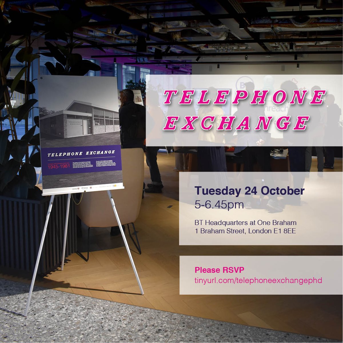 tele_exchange's tweet photo. Bookings for the second public viewing of the 'Telephone Exchange' exhibition are open! 

Please RSVP via https://t.co/gElnaGycZL if you would like to join. 

The drop-in event will be open between 5-6.45pm on Tuesday the 24th of October. https://t.co/qN2SyKyEze