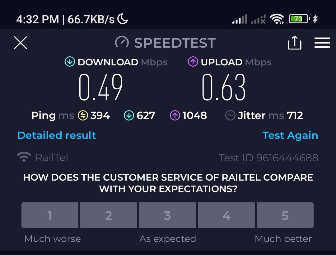 KangleiRep90278's tweet photo. 4:32 PM
10th October 23
[30 Mbps]
Manipur
@DoT_India @RailTel @RailWireIndia @TRAI https://t.co/erniMXScyp
