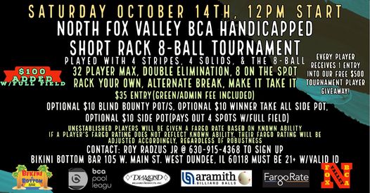 IllinoisPool's tweet image. 8 Ball Tournament
• 10/14/23 (12pm)
• West Dundee (Bikini Bottom Bar)
• $35