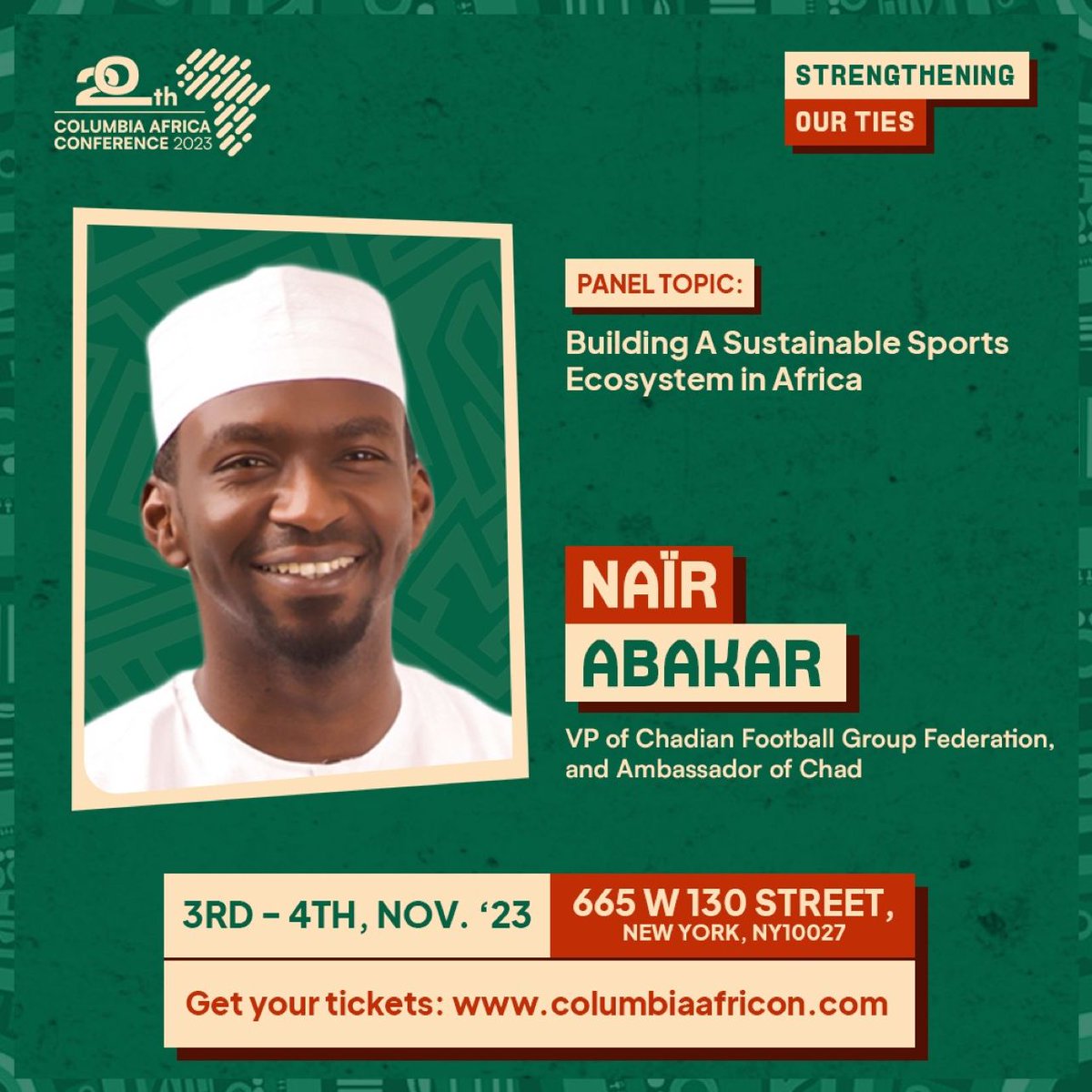 I'm deeply honored by the invitation from <a href="/ColumbiaAfriCon/">Columbia Africa Conference</a>
Truly grateful for this opportunity and looking forward to the experience ahead. 

See you on campus soon <a href="/Columbia/">Columbia University</a> 🙏🎓

#ColumbiaUniversity #ColumbiaAfricaConference #Chad