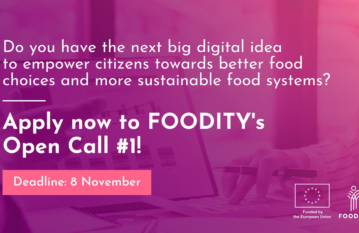 The EU-funded project <a href="/FOODITY_EU/">FOODITY</a>  launched its 1st open call with 1M💶 for innovators developing data-driven solutions in the food and nutrition sectors that will steer a transition towards sustainable food systems.  Apply until 8.11.2023!
🔗bit.ly/3F8JNCu